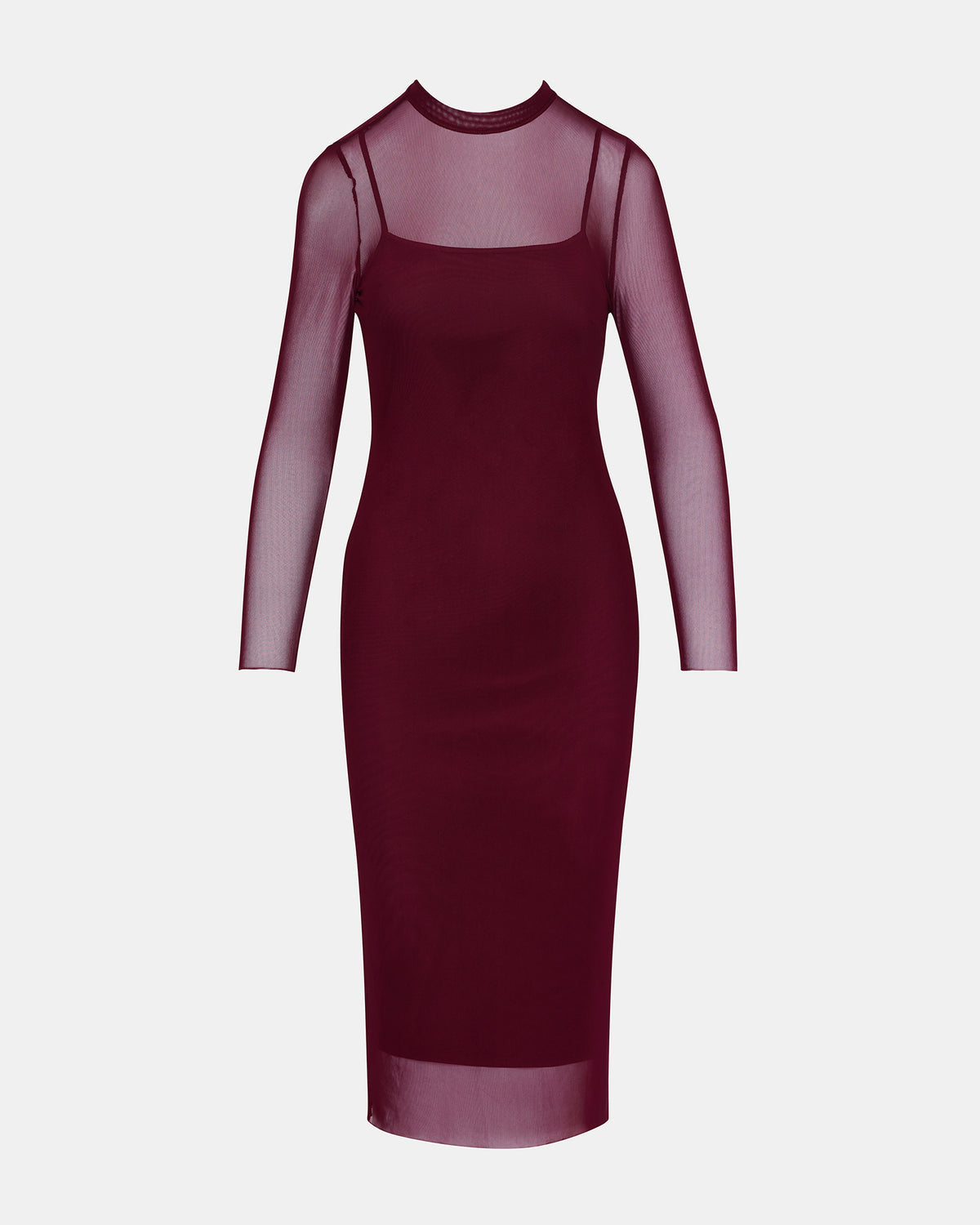 HAILEE Wine Long-Sleeved Mesh Pull-On Mock Neck Midi Women's Dress | Steve Madden