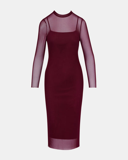 HAILEE Wine Long-Sleeved Mesh Pull-On Mock Neck Midi Women's Dress | Steve Madden