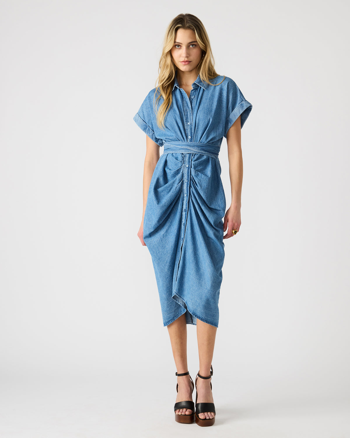 TORI Denim Button Up Collared Midi Dress | Steve Madden