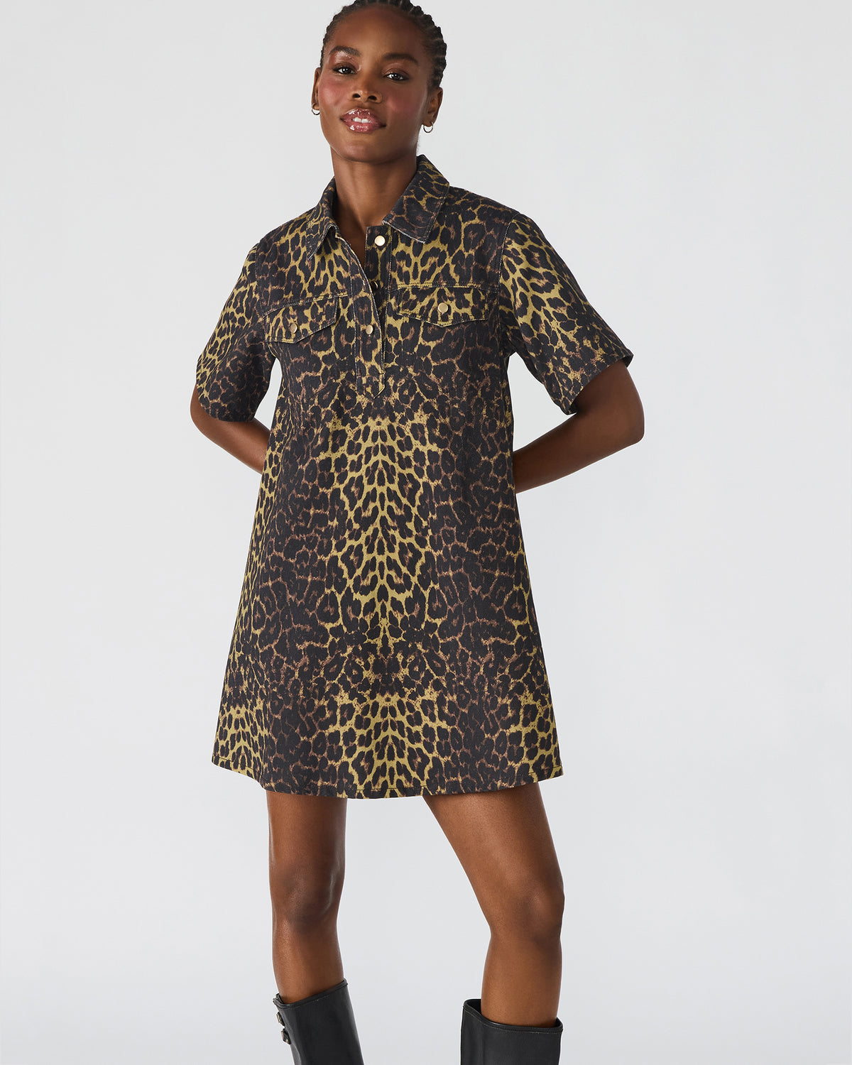 FREDDY Hot Spots Print Short-Sleeved Denim Button-Up Mini Women's Dress | Steve Madden