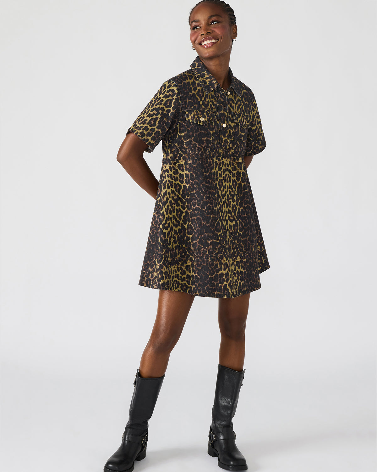 FREDDY Hot Spots Print Short-Sleeved Denim Button-Up Mini Women's Dress | Steve Madden