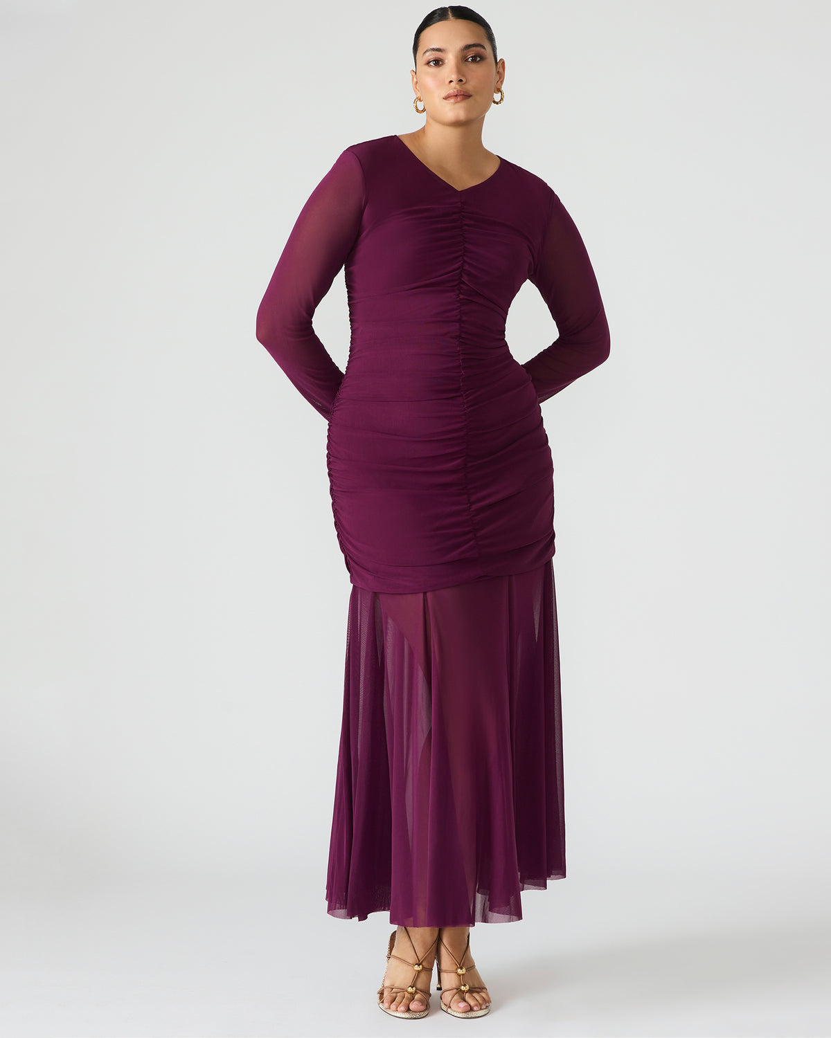 KIARA Beet Long-Sleeved Maxi Mesh Flowy Women's Dress | Steve Madden