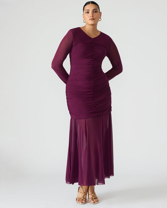 KIARA Beet Long-Sleeved Maxi Mesh Flowy Women's Dress | Steve Madden