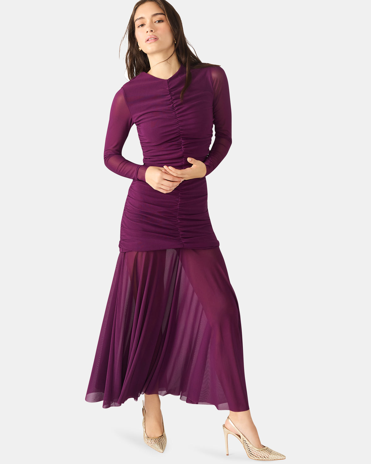 KIARA Beet Long-Sleeved Maxi Mesh Flowy Women's Dress | Steve Madden