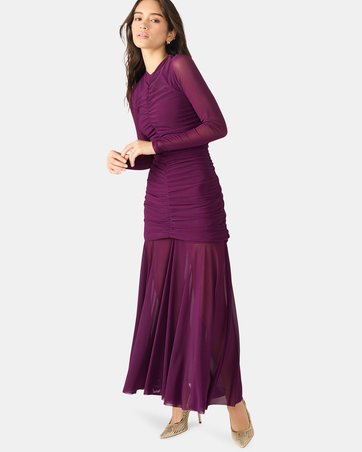 KIARA Beet Long-Sleeved Maxi Mesh Flowy Women's Dress | Steve Madden