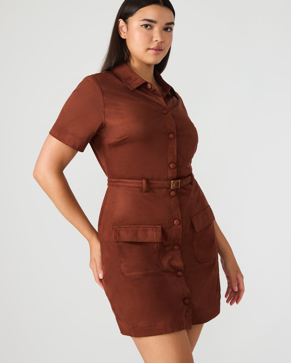 JOLIANA Dark Fig Short-Sleeved Mini Button-Up Women's Dress | Steve Madden