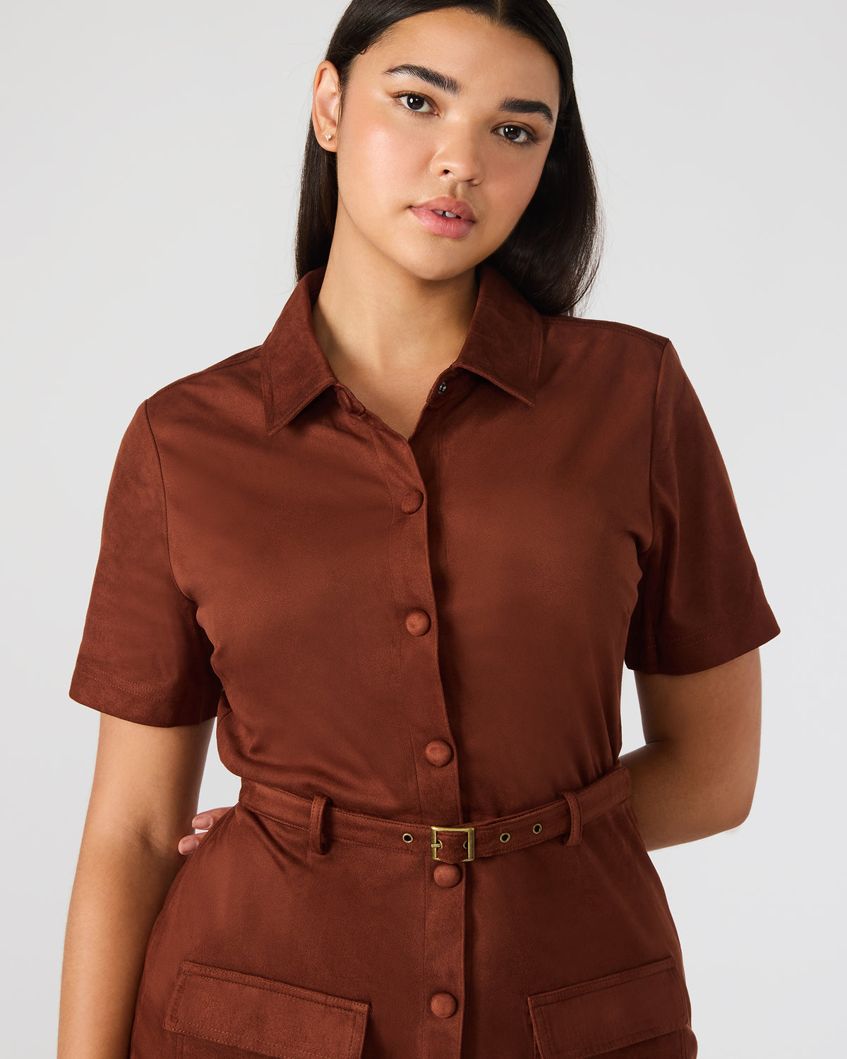 JOLIANA Dark Fig Short-Sleeved Mini Button-Up Women's Dress | Steve Madden