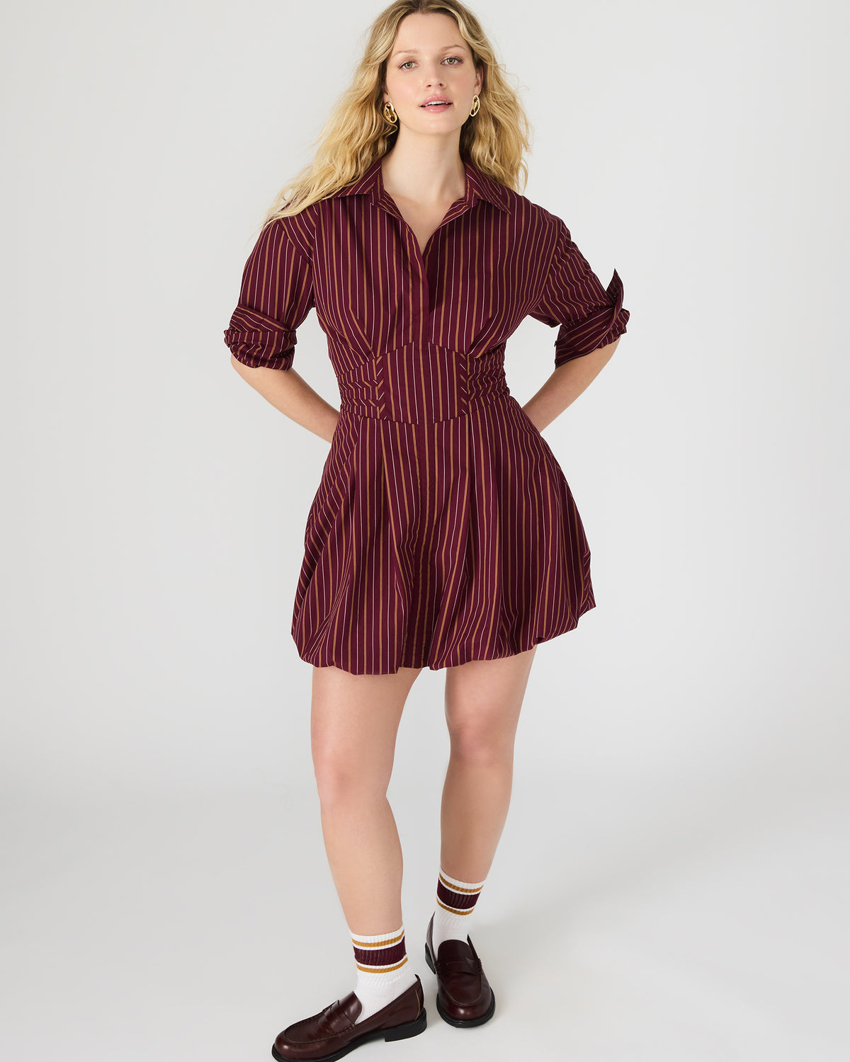 ARIELLE Wine Long-Sleeved Button-Up Bubble Women's Dress | Steve Madden