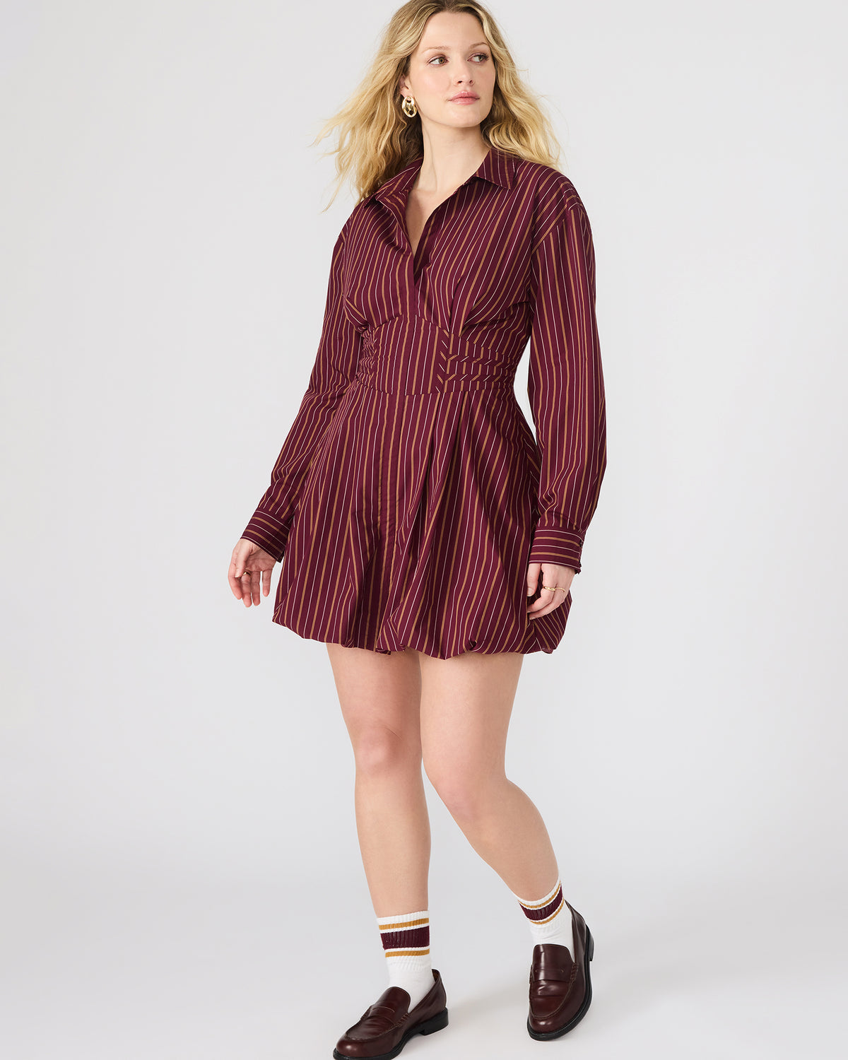 ARIELLE Wine Long-Sleeved Button-Up Bubble Women's Dress | Steve Madden