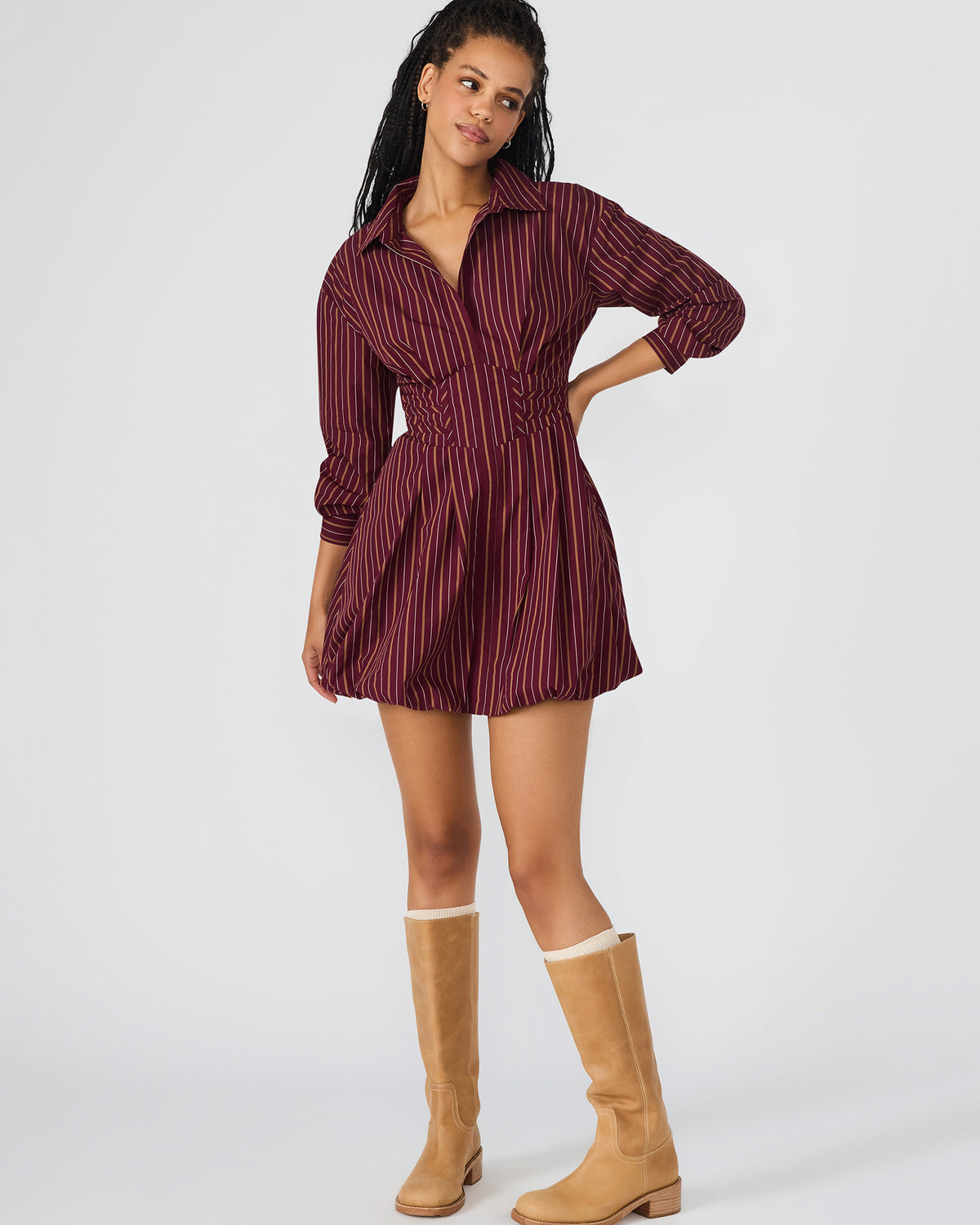 ARIELLE Wine Long-Sleeved Button-Up Bubble Women's Dress | Steve Madden