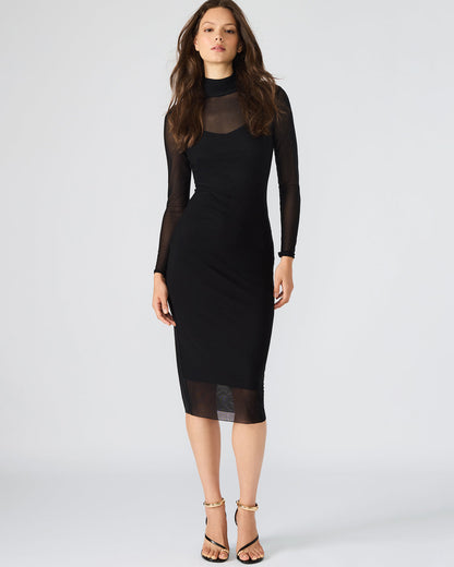 HAILEE Black Long-Sleeved Mesh Pull-On Mock Neck Midi Women's Dress | Steve Madden