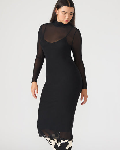 HAILEE Black Long-Sleeved Mesh Pull-On Mock Neck Midi Women's Dress | Steve Madden