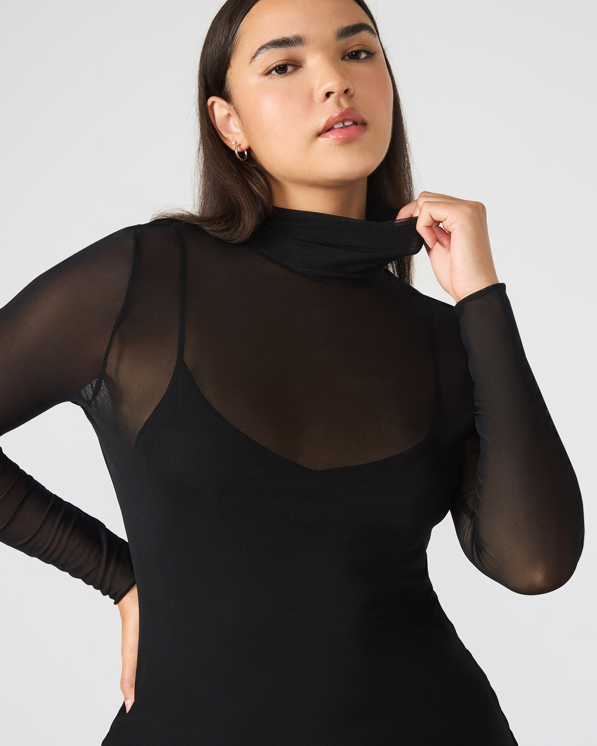HAILEE Black Long-Sleeved Mesh Pull-On Mock Neck Midi Women's Dress | Steve Madden