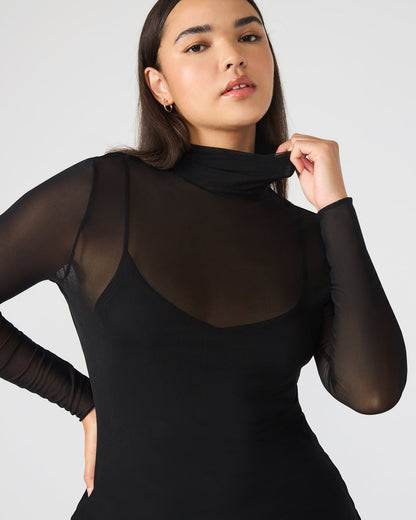 HAILEE Black Long-Sleeved Mesh Pull-On Mock Neck Midi Women's Dress | Steve Madden