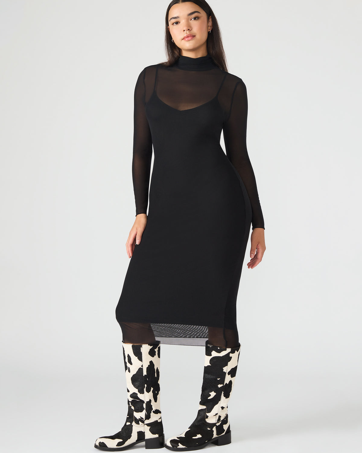 HAILEE Black Long-Sleeved Mesh Pull-On Mock Neck Midi Women's Dress | Steve Madden