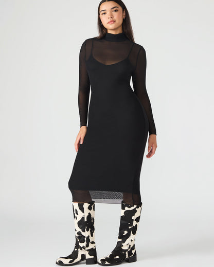 HAILEE Black Long-Sleeved Mesh Pull-On Mock Neck Midi Women's Dress | Steve Madden