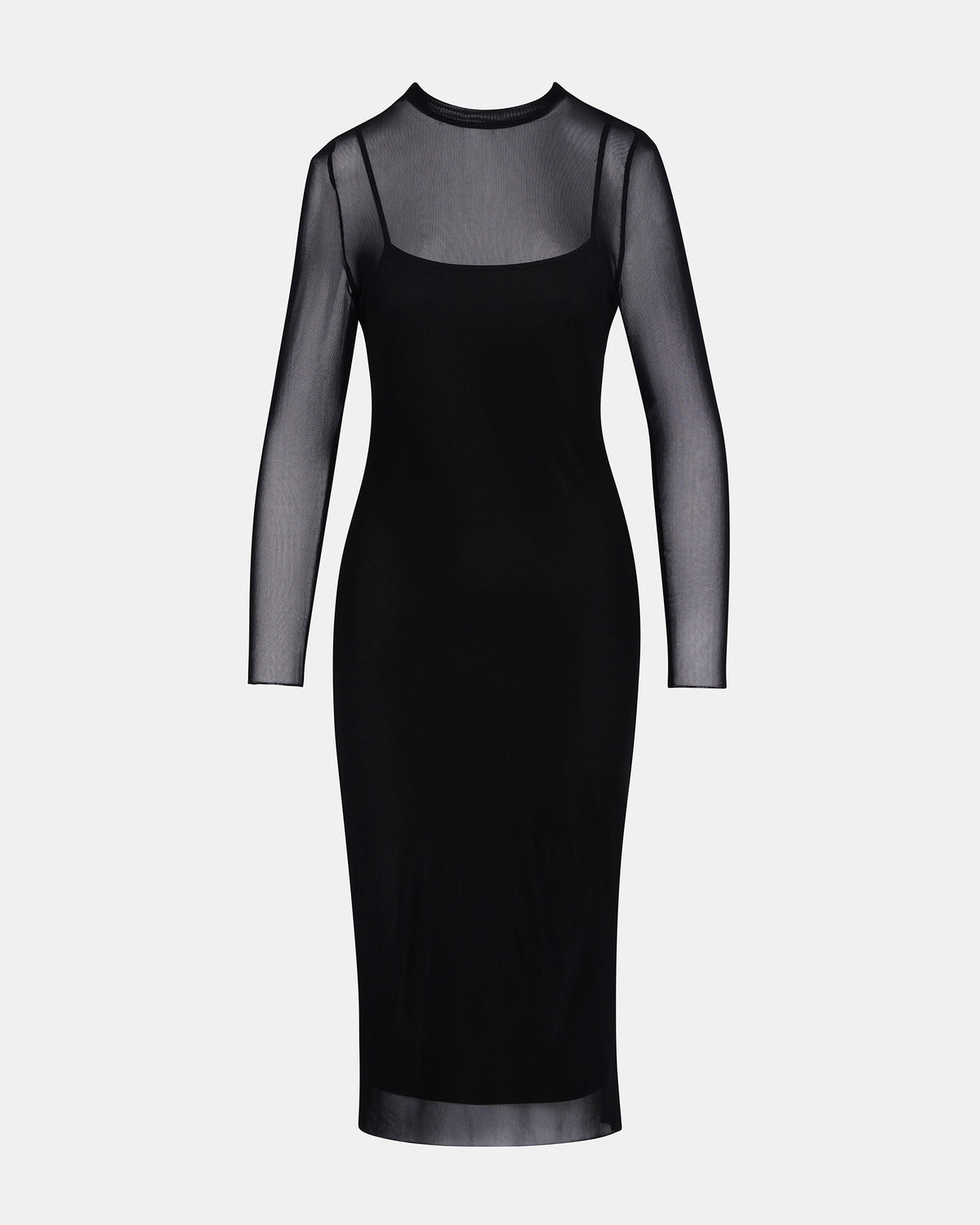 HAILEE Black Long-Sleeved Mesh Pull-On Mock Neck Midi Women's Dress | Steve Madden