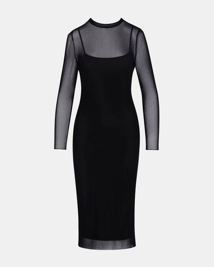 HAILEE Black Long-Sleeved Mesh Pull-On Mock Neck Midi Women's Dress | Steve Madden