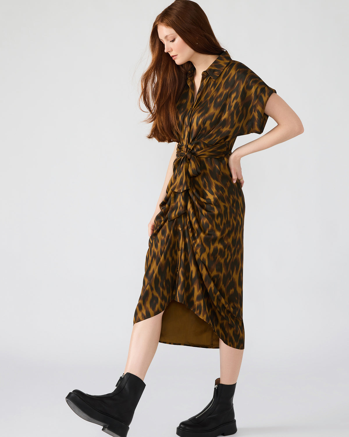 TORI Leopard Button Up Collared Midi Dress | Steve Madden