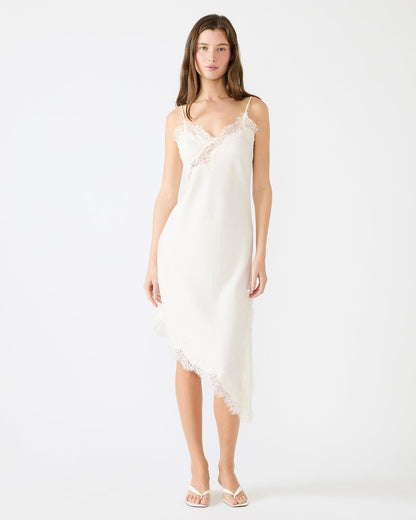 DANNA Cream Asymmetrical Lace Trim Women's Midi Dress | Steve Madden