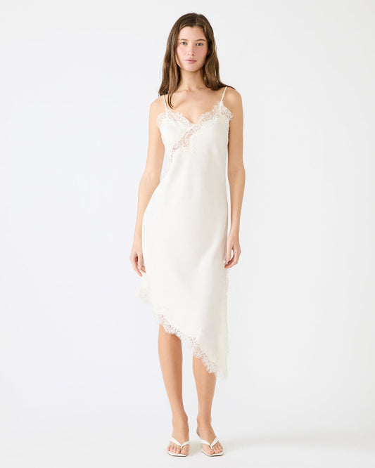 DANNA Cream Asymmetrical Lace Trim Women's Midi Dress | Steve Madden