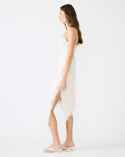 DANNA Cream Asymmetrical Lace Trim Women's Midi Dress | Steve Madden