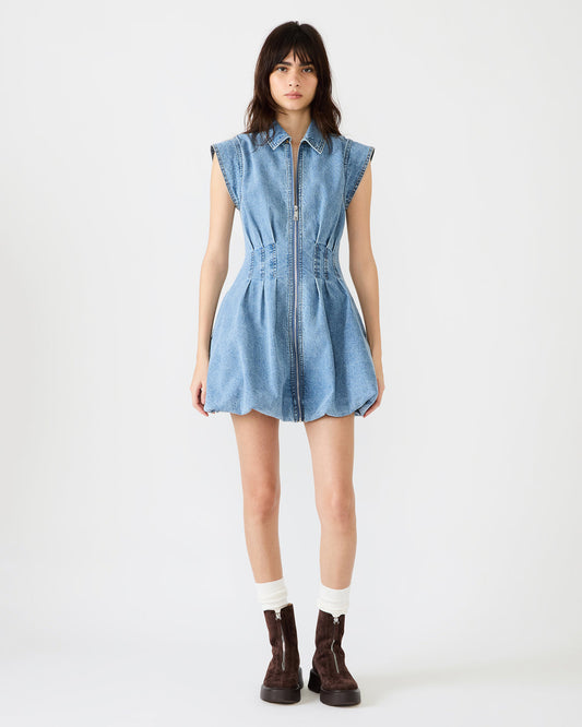 DYANNE Forever Blue Women's Zip-Front Bubble-Hem Dress | Steve Madden
