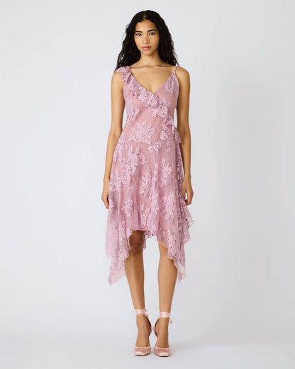 DARIELLA Mauve Shadows Sleeveless Asymmetrical Ruffle Lace Mesh Women's Midi Dress | Steve Madden