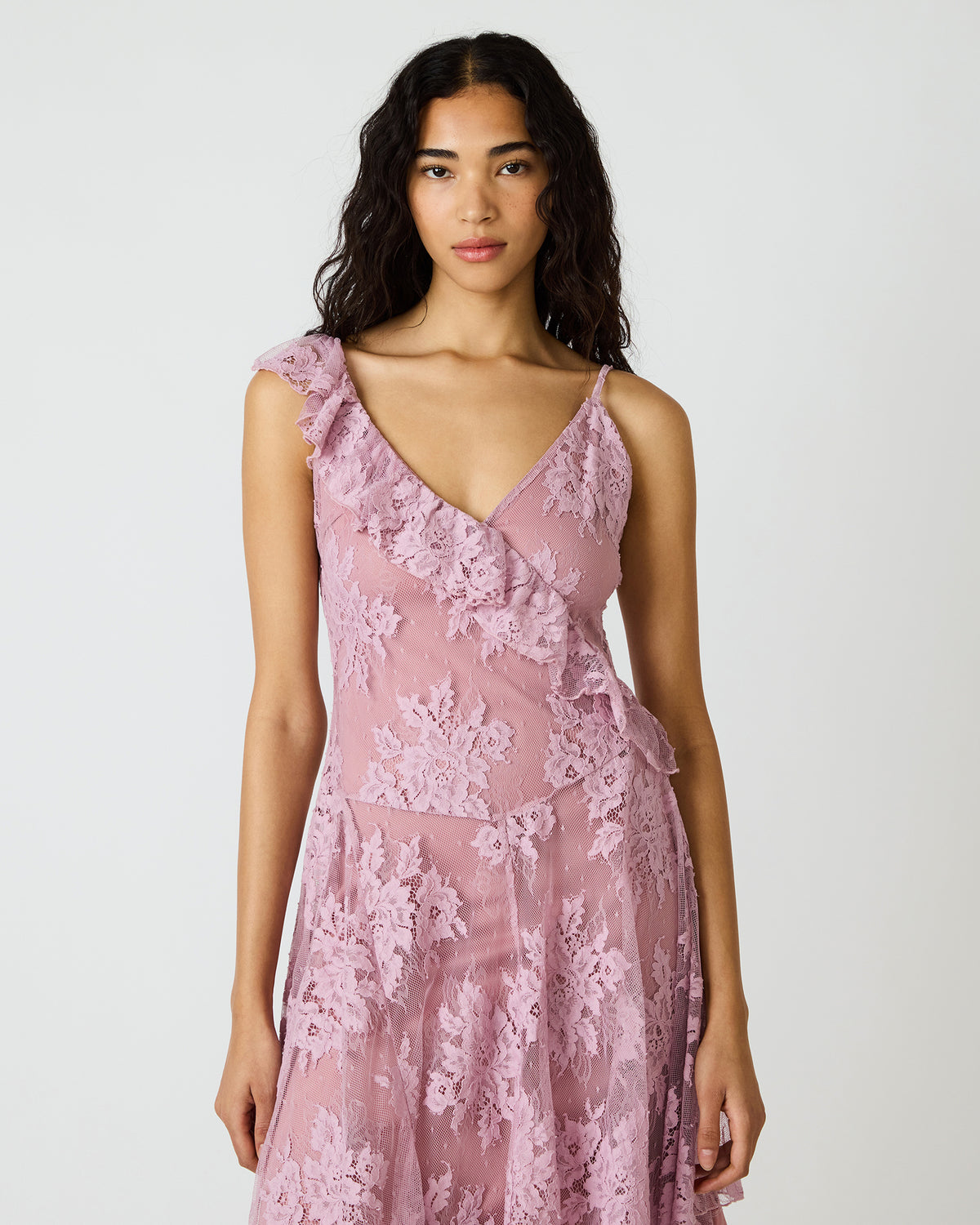 DARIELLA Mauve Shadows Sleeveless Asymmetrical Ruffle Lace Mesh Women's Midi Dress | Steve Madden