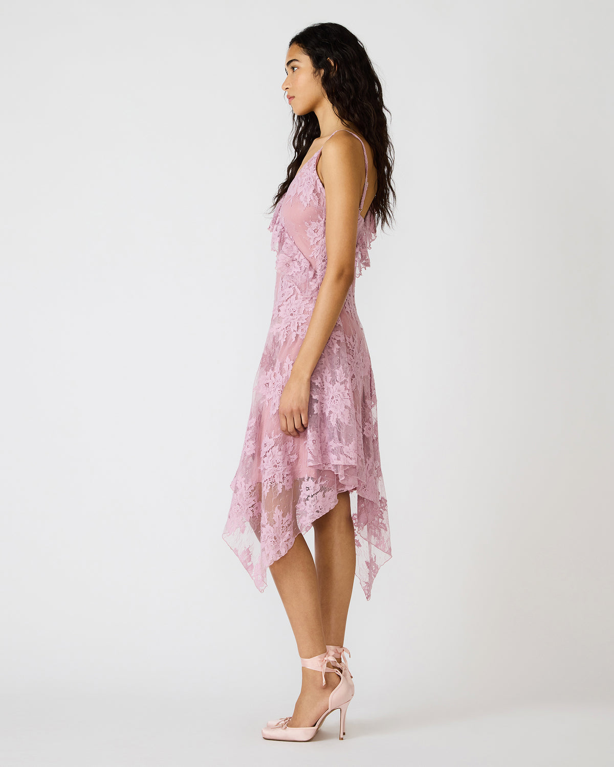DARIELLA Mauve Shadows Sleeveless Asymmetrical Ruffle Lace Mesh Women's Midi Dress | Steve Madden