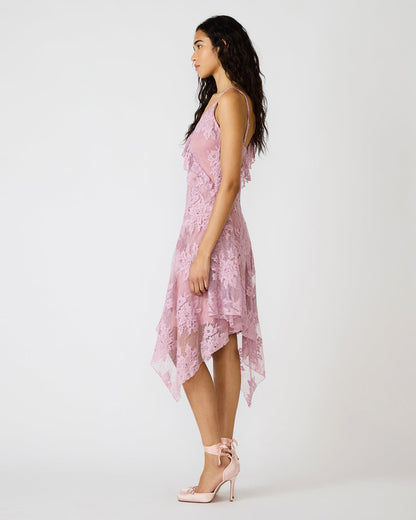 DARIELLA Mauve Shadows Sleeveless Asymmetrical Ruffle Lace Mesh Women's Midi Dress | Steve Madden