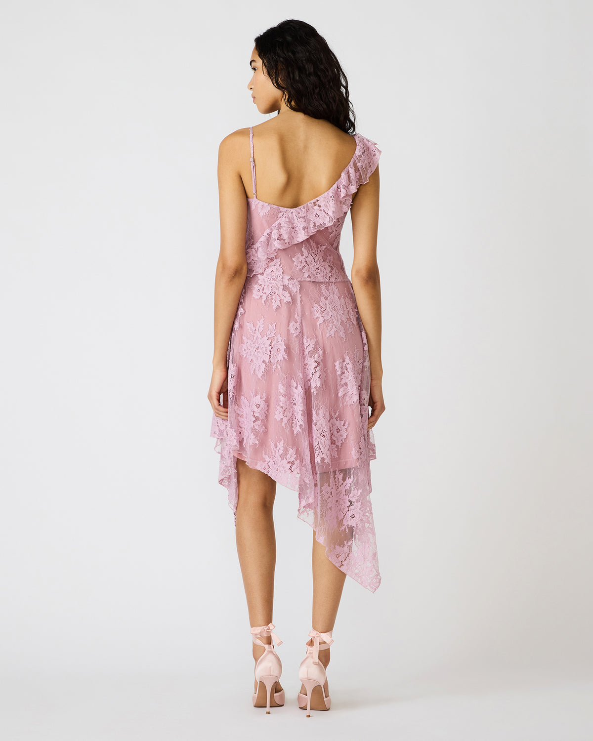 DARIELLA Mauve Shadows Sleeveless Asymmetrical Ruffle Lace Mesh Women's Midi Dress | Steve Madden