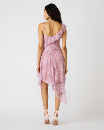 DARIELLA Mauve Shadows Sleeveless Asymmetrical Ruffle Lace Mesh Women's Midi Dress | Steve Madden
