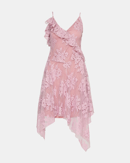 DARIELLA Mauve Shadows Sleeveless Asymmetrical Ruffle Lace Mesh Women's Midi Dress | Steve Madden