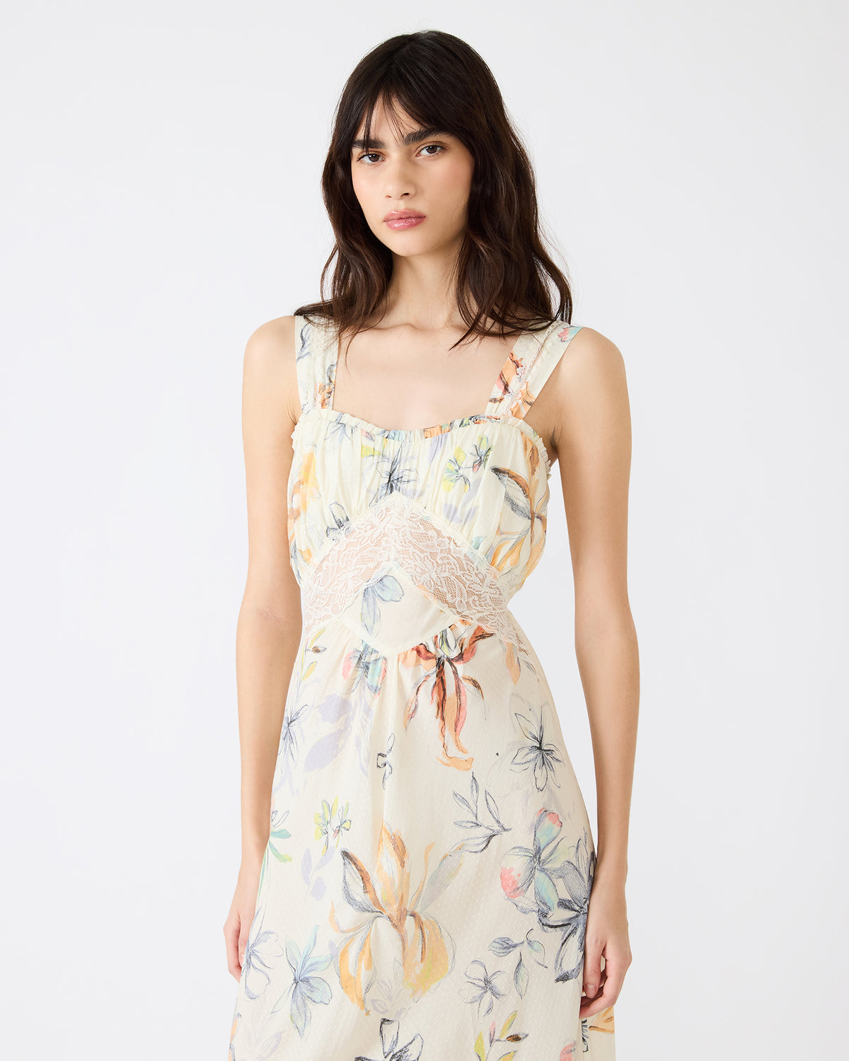 ALEXUS Vintage Ivory Flowy Lace Trim Flowy Women's Maxi Dress | Steve Madden