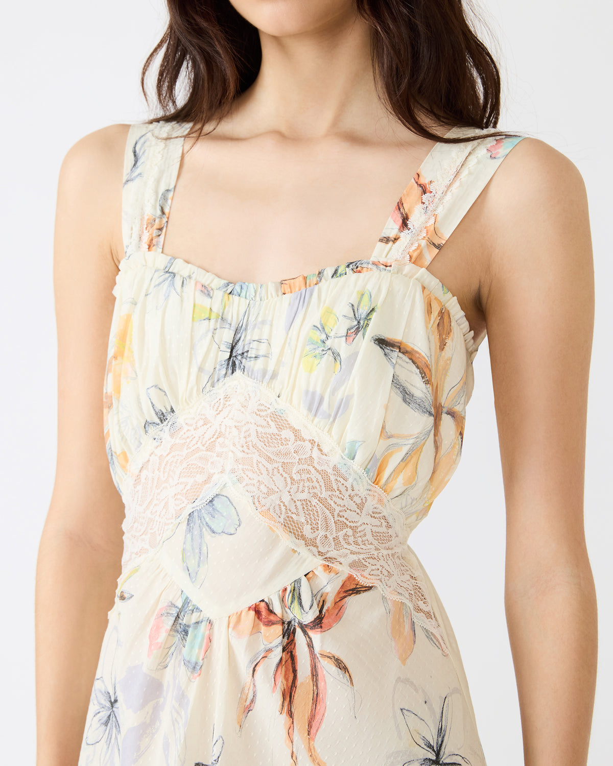 ALEXUS Vintage Ivory Flowy Lace Trim Flowy Women's Maxi Dress | Steve Madden