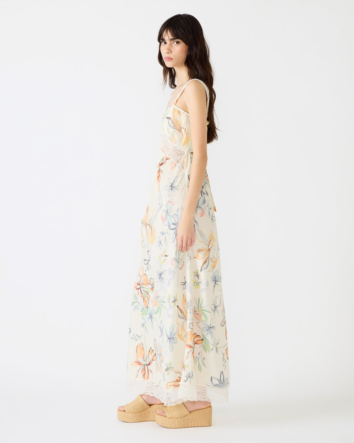ALEXUS Vintage Ivory Flowy Lace Trim Flowy Women's Maxi Dress | Steve Madden