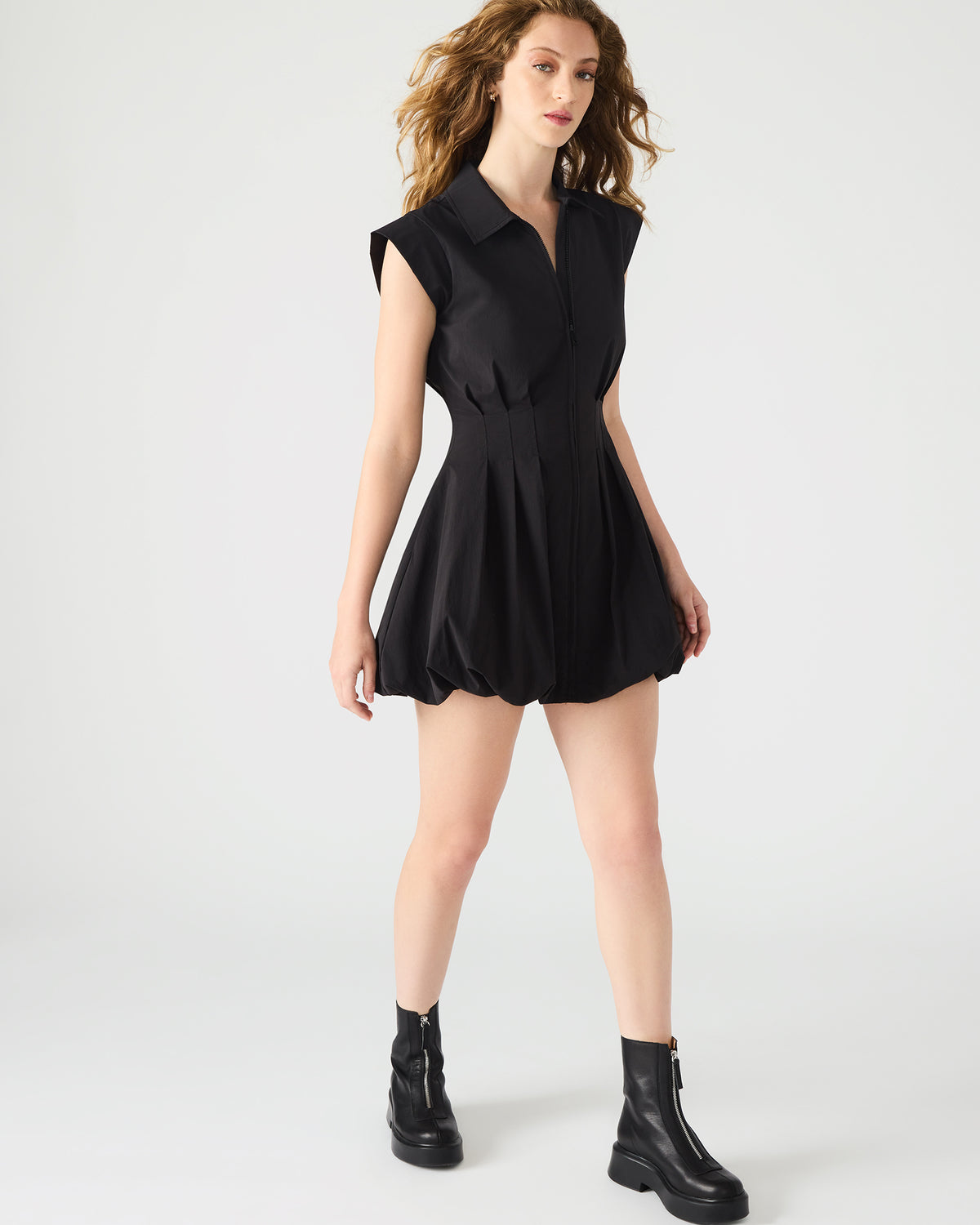 DYANNE Black Women's Zip-Front Bubble-Hem Dress | Steve Madden
