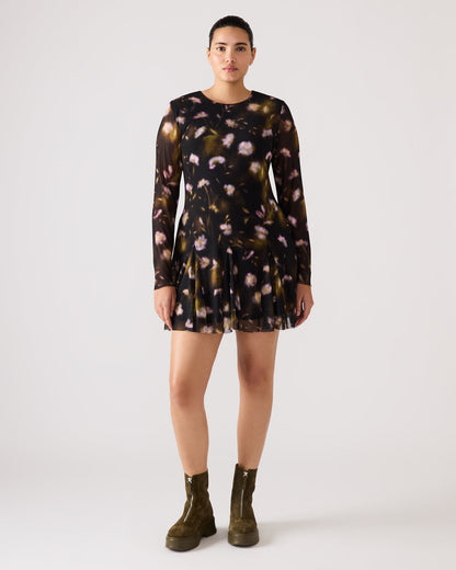 BLISS Black Ditsy Floral Long-Sleeved Floral Print Mesh Sheer Mini Women's Dress | Steve Madden