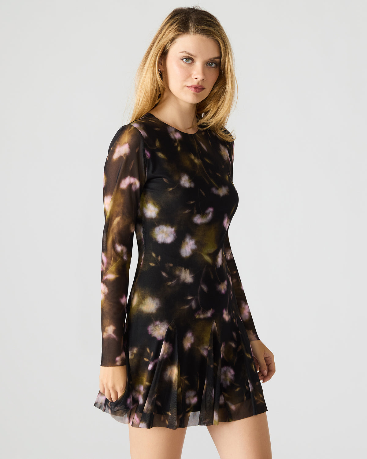 BLISS Black Ditsy Floral Long-Sleeved Floral Print Mesh Sheer Mini Women's Dress | Steve Madden