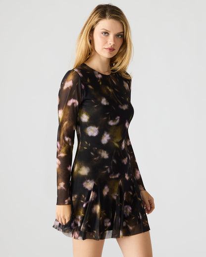 BLISS Black Ditsy Floral Long-Sleeved Floral Print Mesh Sheer Mini Women's Dress | Steve Madden