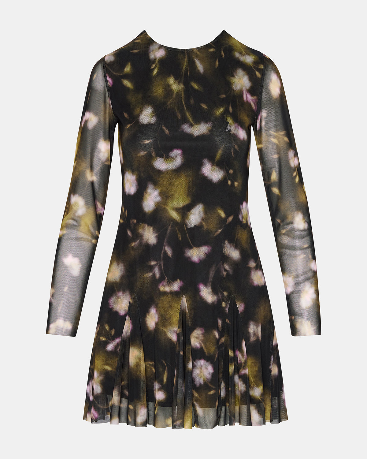 BLISS Black Ditsy Floral Long-Sleeved Floral Print Mesh Sheer Mini Women's Dress | Steve Madden