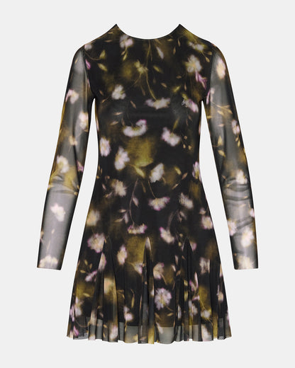 BLISS Black Ditsy Floral Long-Sleeved Floral Print Mesh Sheer Mini Women's Dress | Steve Madden