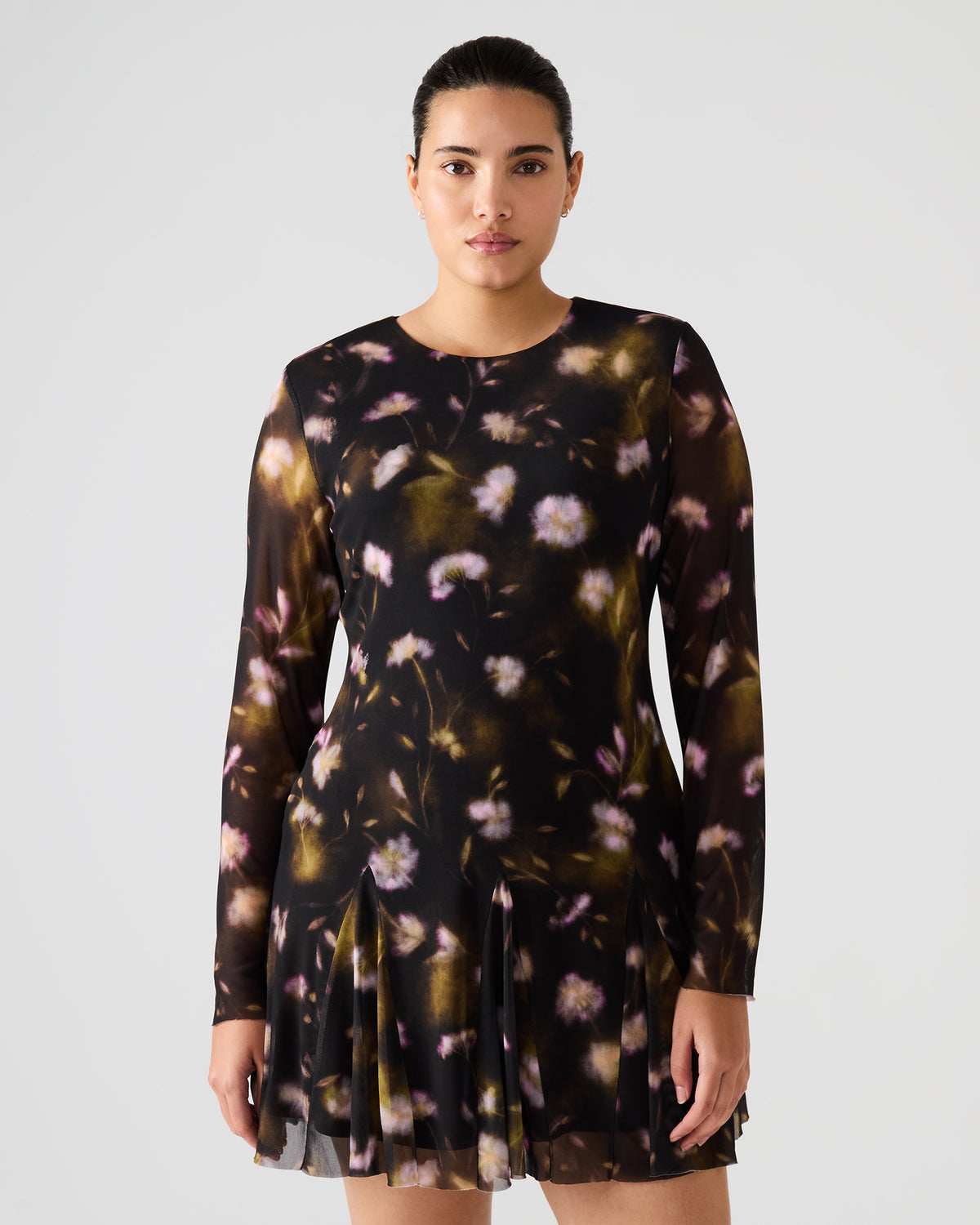 BLISS Black Ditsy Floral Long-Sleeved Floral Print Mesh Sheer Mini Women's Dress | Steve Madden