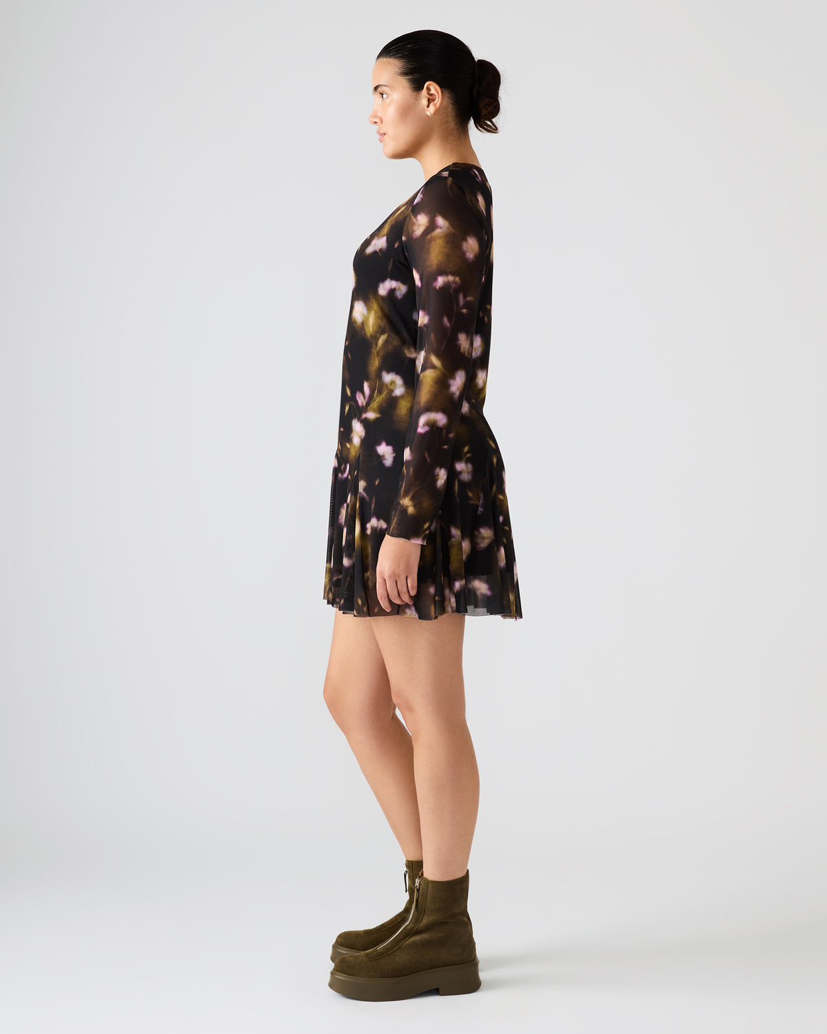 BLISS Black Ditsy Floral Long-Sleeved Floral Print Mesh Sheer Mini Women's Dress | Steve Madden