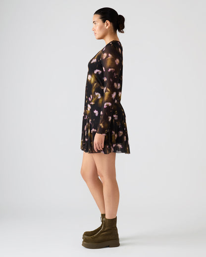 BLISS Black Ditsy Floral Long-Sleeved Floral Print Mesh Sheer Mini Women's Dress | Steve Madden