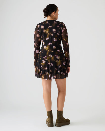 BLISS Black Ditsy Floral Long-Sleeved Floral Print Mesh Sheer Mini Women's Dress | Steve Madden