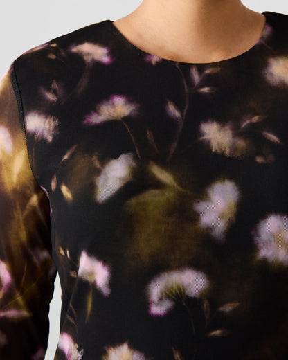 BLISS Black Ditsy Floral Long-Sleeved Floral Print Mesh Sheer Mini Women's Dress | Steve Madden