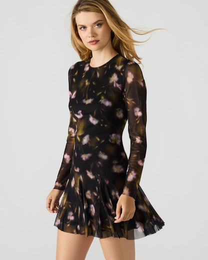 BLISS Black Ditsy Floral Long-Sleeved Floral Print Mesh Sheer Mini Women's Dress | Steve Madden