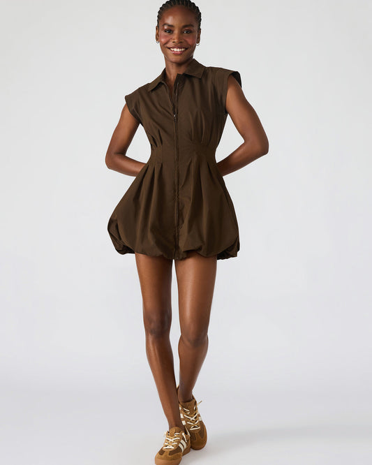 DYANNE Dark Espresso Women's Zip-Front Bubble-Hem Dress | Steve Madden